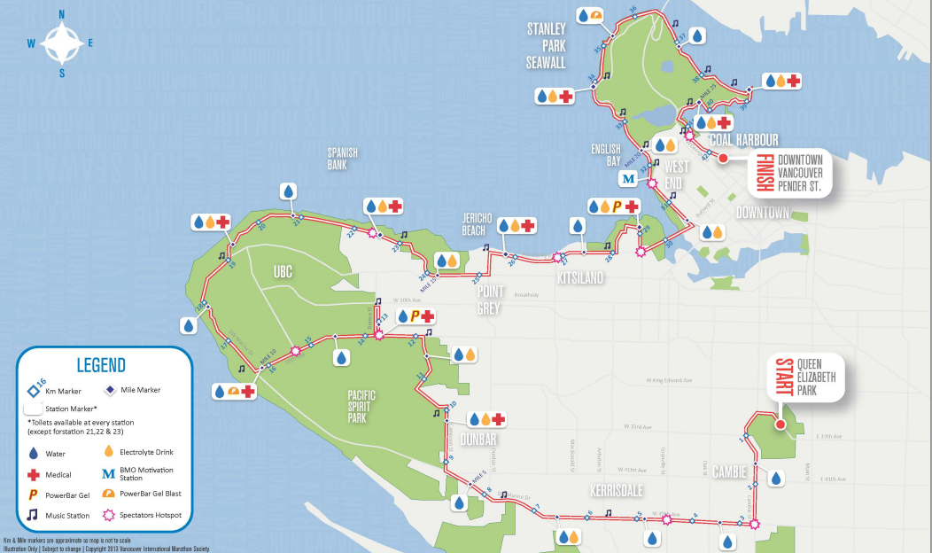 Full route of the BMO Vancouver Marathon.