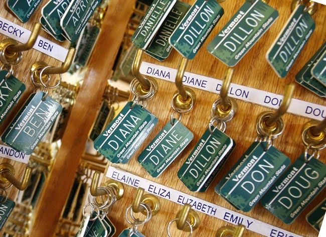 FILE - In this May, 2008 file photo, luggage tags with children's names are displayed in East Montpelier, Vt.