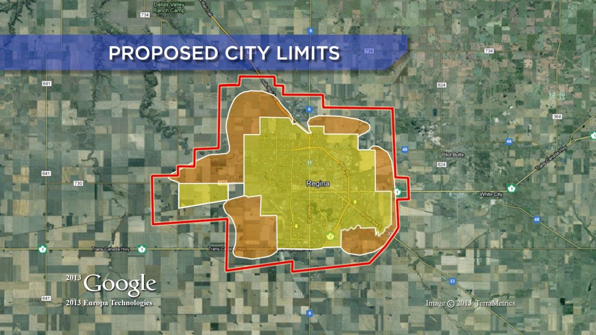 Yellow areas represent existing City of Regina boundaries, orange areas indicate proposed expansion of city boundaries, the red outline denotes the rural/urban fringe area where future expansion and annexation may occur.