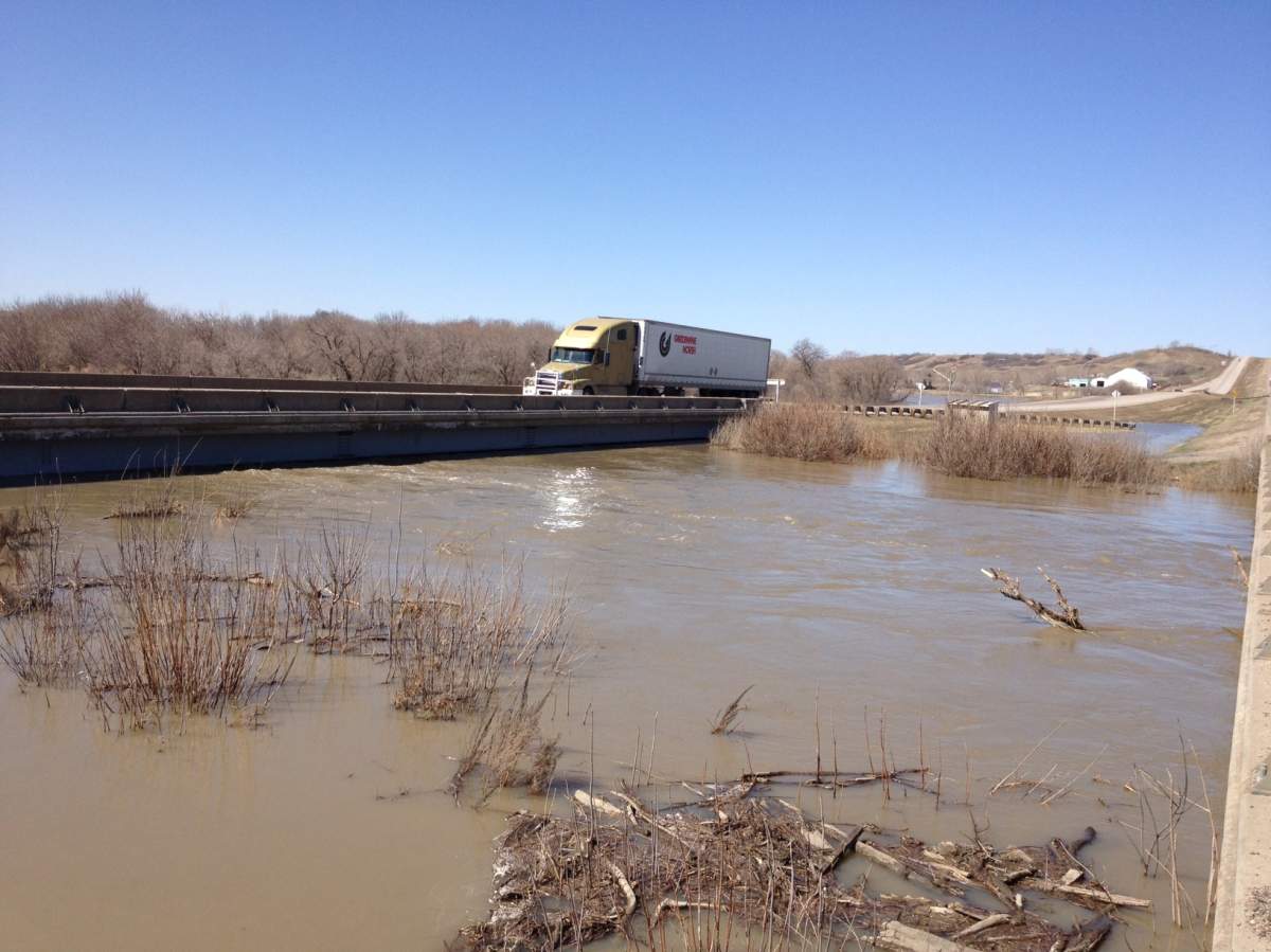 Water is nearing the bottom of the bridge on Highway 11 at the bottom of the Lumsden Valley north of Regina.