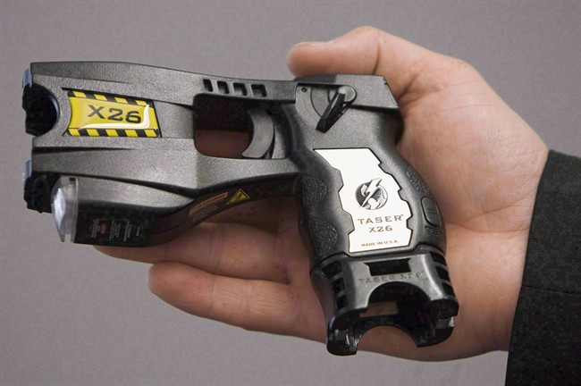 A police-issued Taser gun is displayed at the Victoria police station in Victoria, B.C. May 7, 2008.
