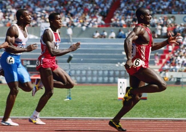 In this Sept. 24, 1988, file photo, sprinter Ben Johnson of Canada, right, leads the pack to win the 100-meter dash finals in Olympic competition in Seoul, South Korea. More than twenty years after his fall from grace, Johnson was back on the track Tuesday night anchoring his pro-am relay team to victory as part of the Toronto International Track and Field Games at Varsity Stadium. 