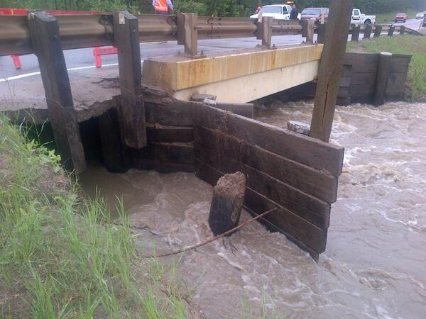 Highway 881 washout at Morris Creek bridge: photo of damage that prompted road closure, June 10, 2013.