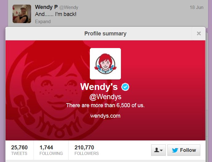 The Twitter accounts of Wendy Peters and Wendy's restaurants.