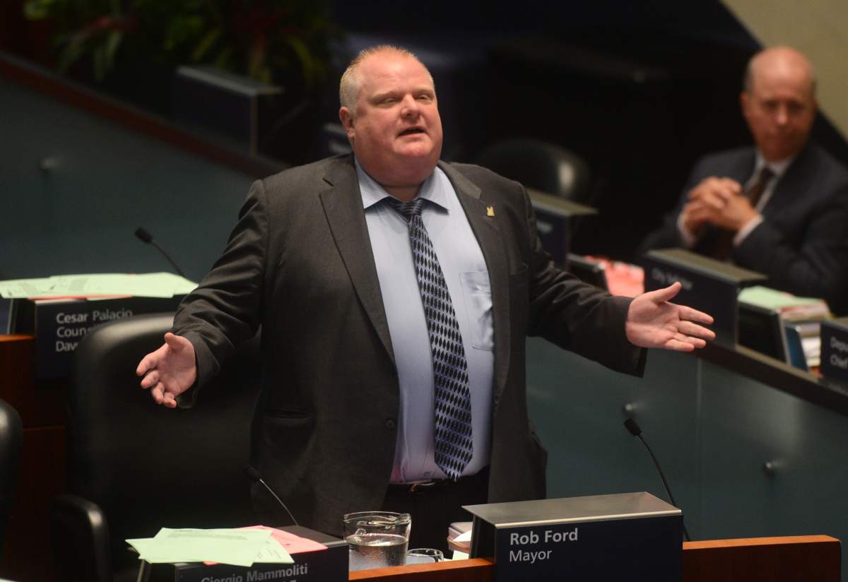 Mayor Rob Ford in Council Chambers talking to councillors about seniors and housing at City Hall   in Toronto on  June 13, 2013.