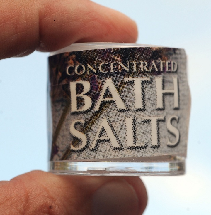 In this January 12, 2010 file photograph, a sample of a bath salt product named TranQuility, which contains the band chemical MDPV is displayed. MDPV is a psychoactive drug that the federal Food and Drug Administration says has no approved use but is a common ingredient in bath salts. 