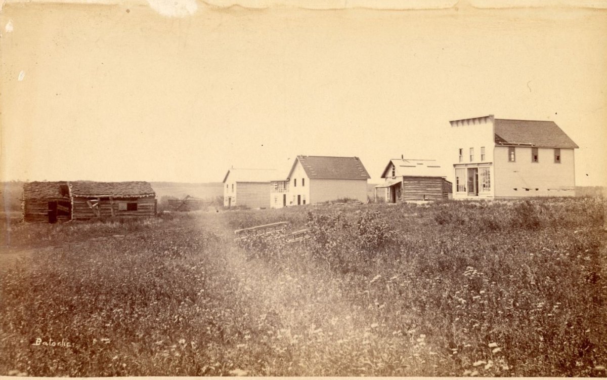The Métis village of Batoche, circa 1885, where the bell of Batoche was seized following the Northwest Rebellion.