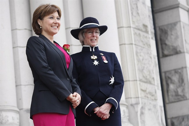B.C. Premier Christy Clark meets with Lieutenant-Governor Judith Guichon on the steps of Legislative before opening the first session of the 40th Parliament of British Columbia at the Legislature, Wednesday, June 26, 2013. in Victoria,B.C. THE CANADIAN PRESS/Chad Hipolito.