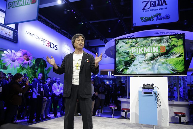 Shigeru Miyamoto, a Japanese video game designer, introduces the Pikmin 3 at the Nintendo Wii U software showcase during the E3 game show in Los Angeles, Tuesday, June 11, 2013.