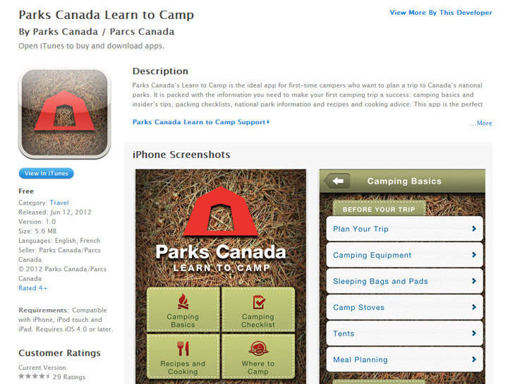 A screenshot shows Parks Canada's learn to camp app for the iPhone.