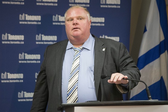 Toronto Mayor Rob Ford speaks to the media at city hall in Toronto on Thursday, June 20, 2013. 