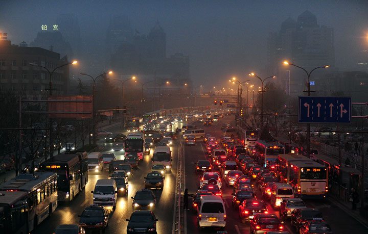 Rush hour traffic in Beijing, China. The country has been struggling with high pollution in recent years.