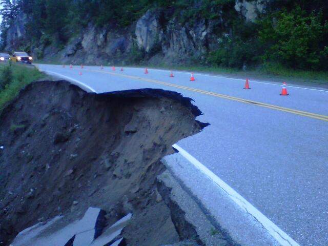 slope failure on Highway 3A 24 km west of Creston. Single lane alternating traffic. Credit @TranBC