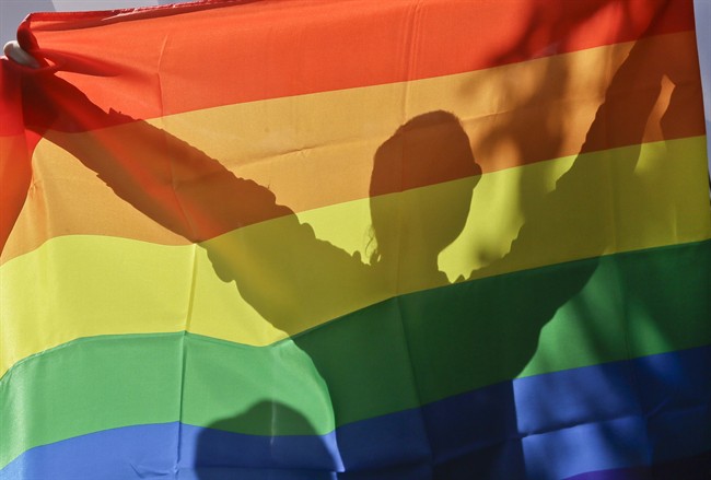 File photo - An activist holds up a Pride Flag in Kiev, Ukraine, on May 25, 2013. Canadian military personnel are being encouraged to attend Pride events in uniform by Canada's top soldier, Wednesday, August 2, 2017.