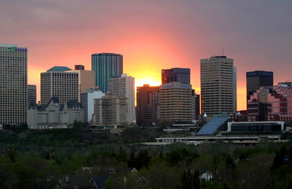 The setting sun blazes behind the skyline in Edmonton, Alta. on Friday May 20, 2011.