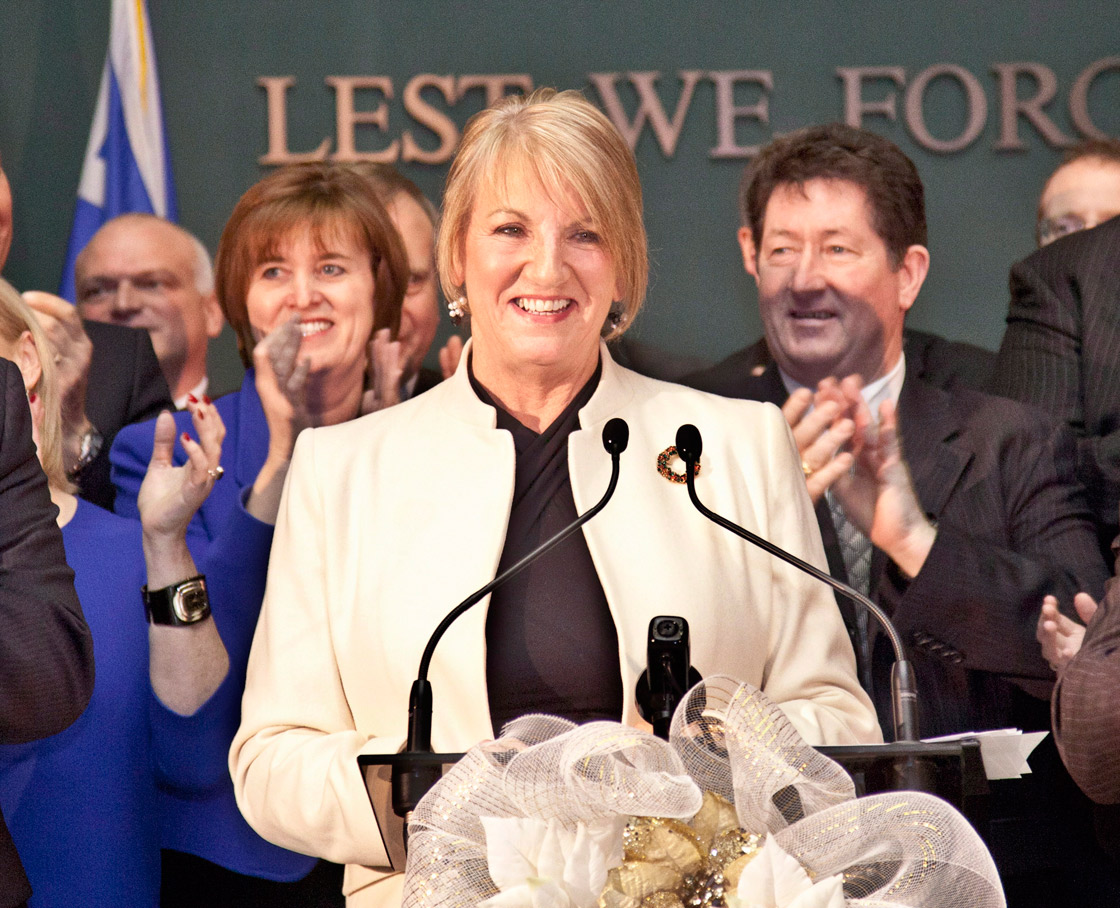 Newfoundland and Labrador Premier Kathy Dunderdale speaks during an announcement about the Muskrat Falls hydroelectric project Dec. 2012. 