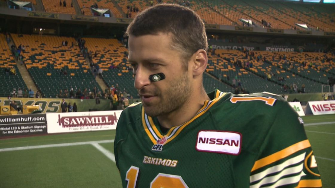 Edmonton Eskimos Quarterback Mike Reilly addresses the media following a pre-season game at Commonwealth Stadium Friday, June 14, 2013.