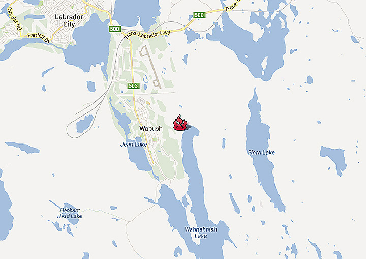 Dry and windy conditions have hampered the fight to suppress a forest fire in western Labrador. According to officials, the fire is burning in a southerly direction in an area 10 kilometres east of Wabush. (Editor’s note: Location of marker is approximate) .