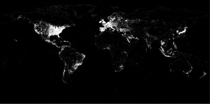 Where in the world are people tweeting from? The geography of the social network was mapped using meta-data from the Twitter platform, along with exact latitude and longitude coordinates from iPhone and BlackBerry-based Twitter users, to geo-locate about three per cent of users.