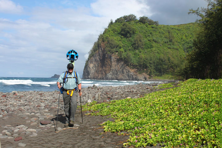 Google’s Rob Pacheco treks the uneven terrain and rocky beaches of Pololū Valley.