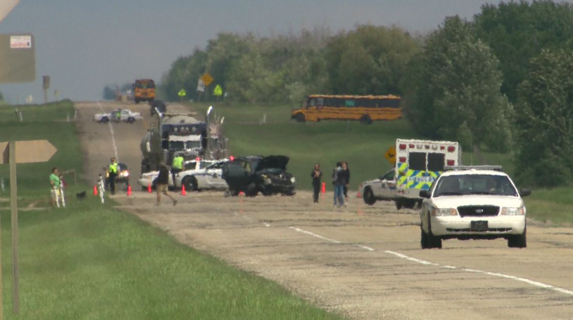 Four people were sent to hospital with various injuries after a two vehicle collision on Highway 14, Friday, June 14, 2013.
