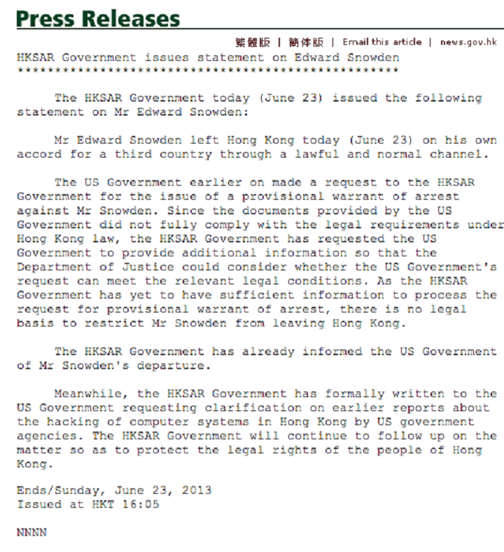 Press release from Hong Kong regarding Edward Snowden`s departure.