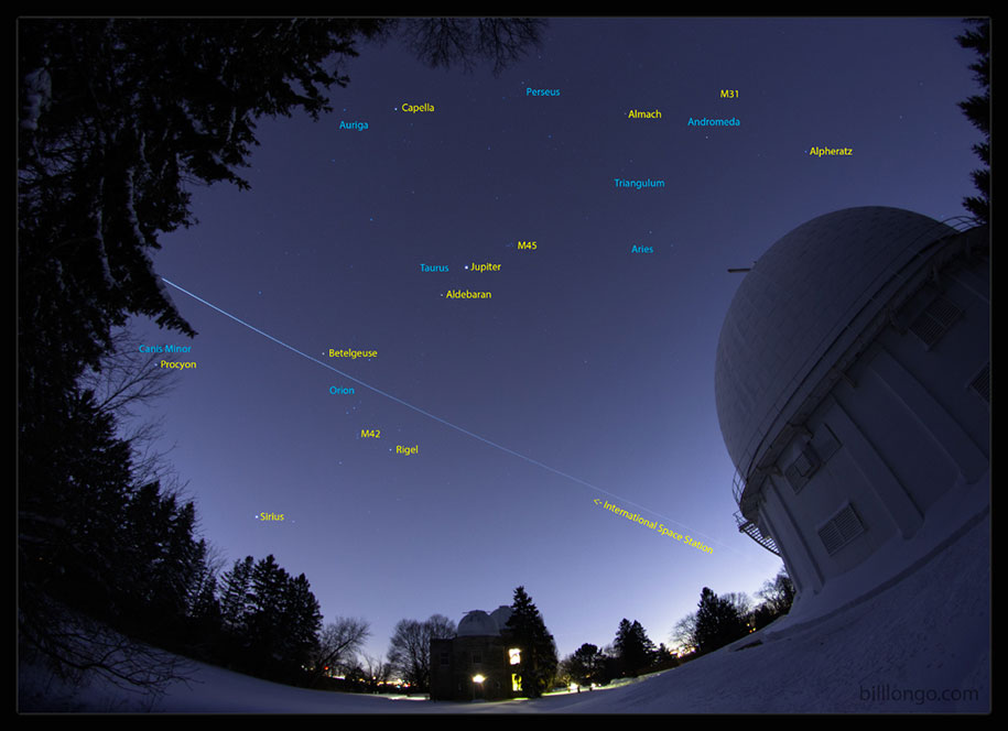 A timelapse image showing the crossing of the International Space Station over the David Dunlap Observatory in Richmond Hill.