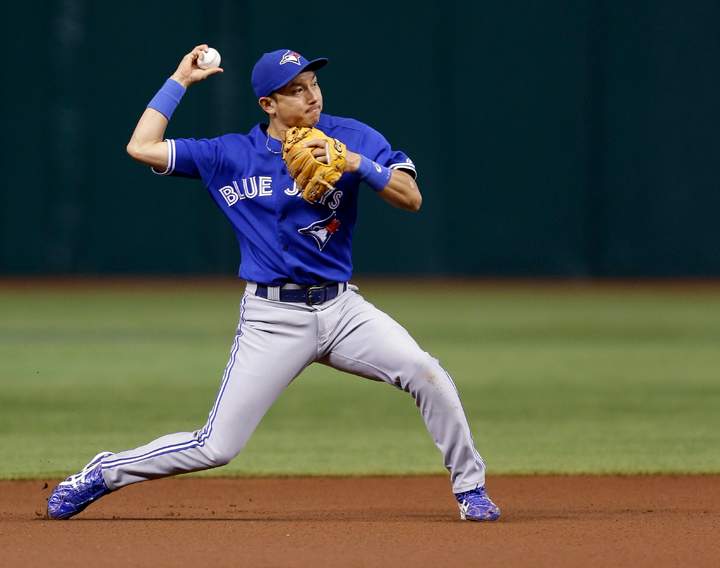 Toronto Blue Jays shortstop Munenori Kawasaki, of Japan, throws out Tampa Bay Rays' Matt Joyce at first base during the first inning of a baseball game, Monday, June 24, 2013, in St. Petersburg, Fla.