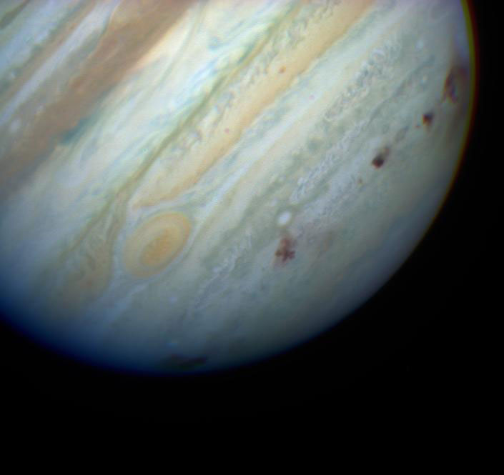 Comet Shoemaker-Levy 9 was torn apart by Jupiter’s massive gravity. The pieces collided with the planet, leaving dark scars in the planet’s cloud tops. (Hubble Space Telescope Comet Team and NASA)