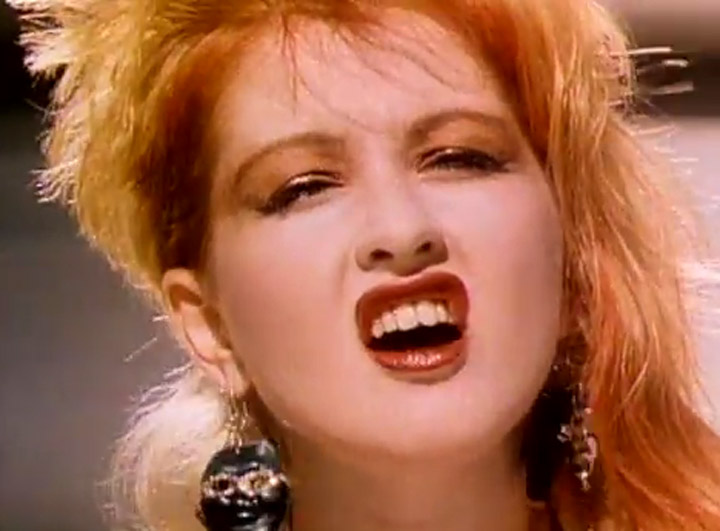 Cyndi Lauper in the video for "Girls Just Want to Have Fun.".