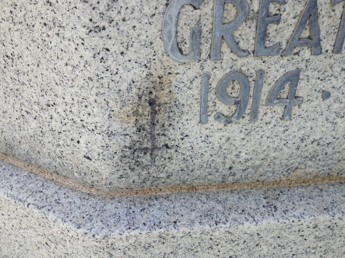 Someone scrawled the numbers ‘666’ along with an upside-down cross, on the memorial in Union Park Cemetary to Peter Lougheed.

