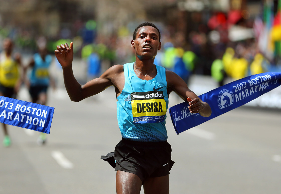 Lelisa Desisa, 23, of Ethiopia, crosses the finish line to win the men's race at the 117th Boston Marathon on April 15, 2013.