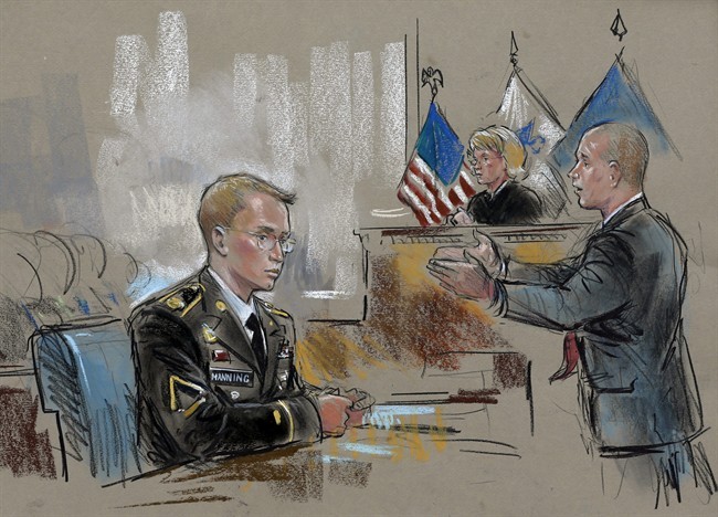 In this courtroom sketch, Army Pfc. Bradley Manning watches at left as his defense attorney, David Coombs, right, speaks in front of military judge Army Col. Denise Lind on the opening day of Manning's court martial in Fort Meade, Md., Monday, June 3, 2013. Manning, who was arrested three years ago, is charged with indirectly aiding the enemy by sending troves of classified material to WikiLeaks.