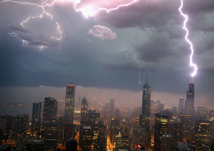 Lightning strikes the Willis Tower (formerly Sears Tower) in downtown on June 12, 2013 in Chicago, Illinois. 