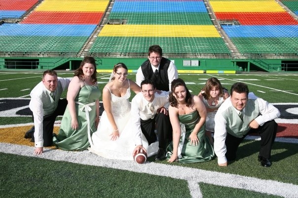 Wedding photo taken at Mosaic Stadium in 2008. 