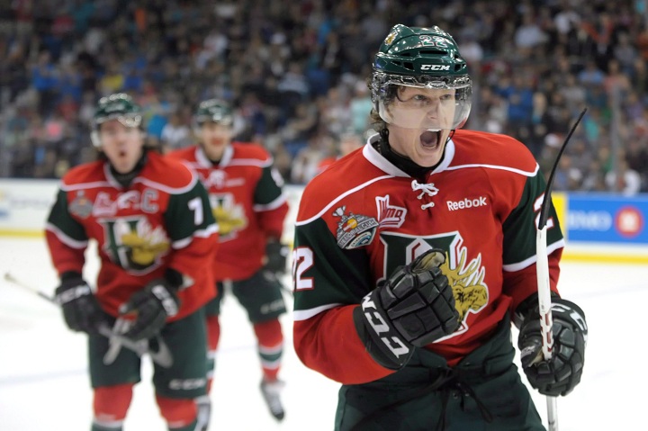 Halifax Mooseheads centre Nathan MacKinnon celebrates a goal against the Portland Winterhawks during the third period of Memorial Cup final action in Saskatoon, Sask., on Sunday, May 26, 2013.