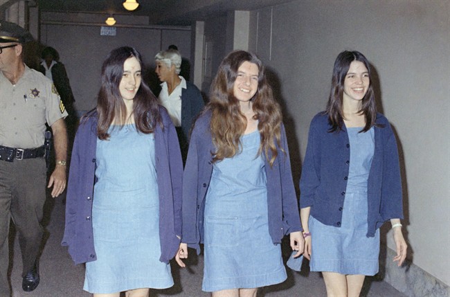 Charles Manson followers, from left: Susan Atkins, Patricia Krenwinkel and Leslie Van Houten, shown walking to court to appear for their roles in the 1969 cult killings of seven people, including pregnant actress Sharon Tate, in Los Angeles, Calif., in this Aug. 20, 1970 file photo.