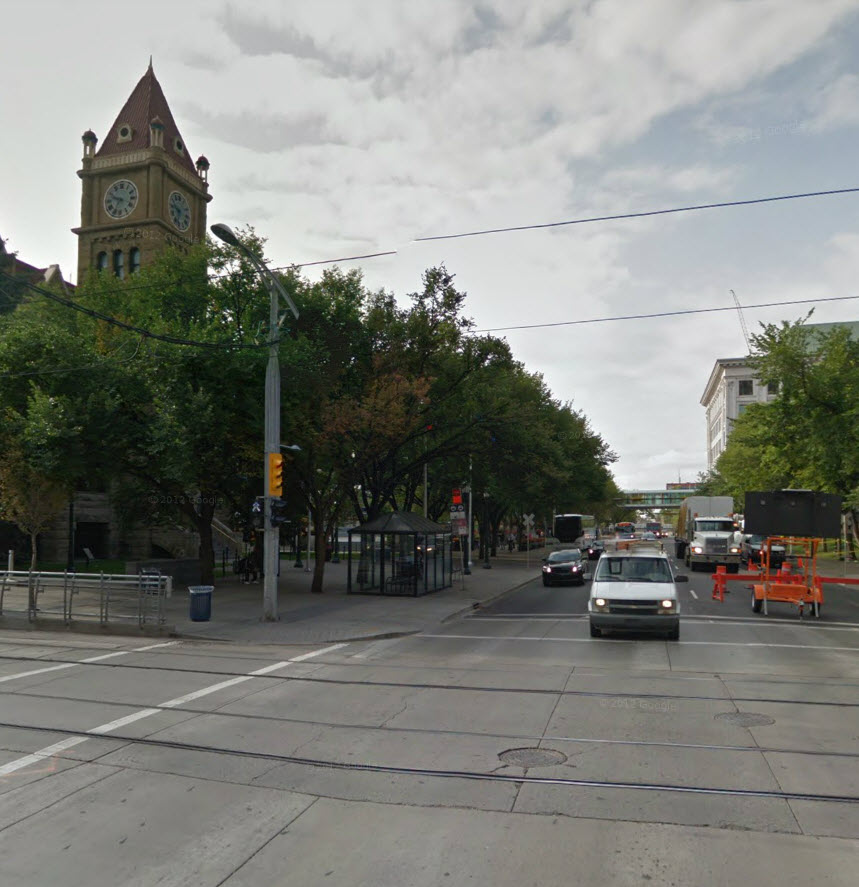 The clock tower at Old City Hall in Calgary. (Image from Google Street View)