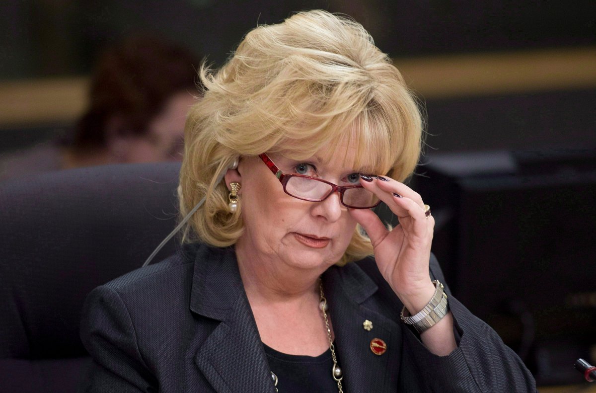 File Photo - Senator Pamela Wallin, chair of the National Security and Defence committee, adjusts her glasses at the start of a meeting, Monday February 11, 2013 in Ottawa. Senator Wallin has stepped down from the Conservative caucus pending the result of an audit of her expenses. 