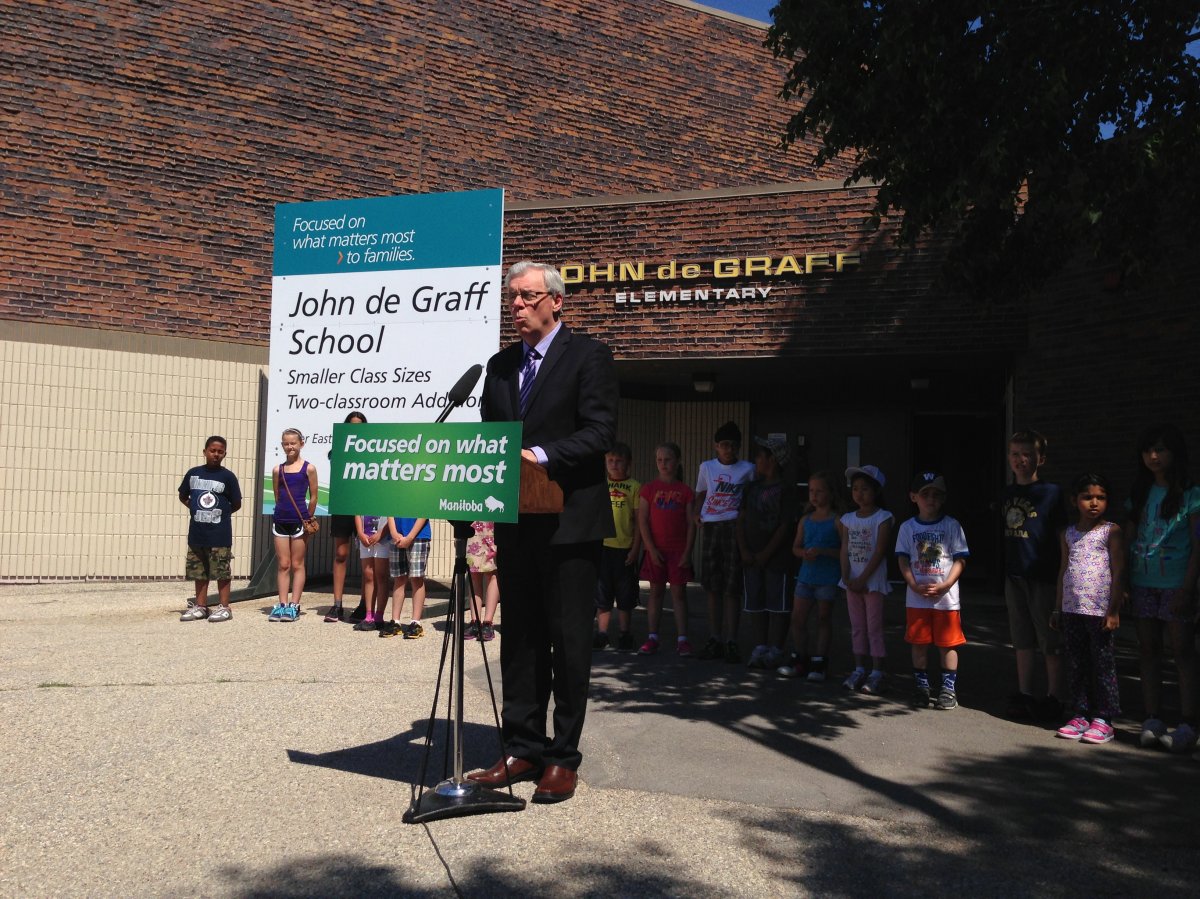Premier Greg Selinger announces money to build new classrooms at an event at John de Graff school on Louelda Street.