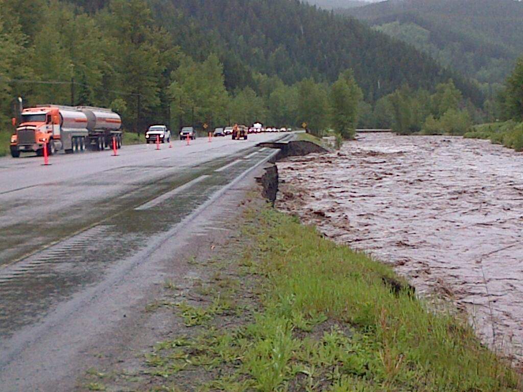 Road washout six km east of Sparwood.