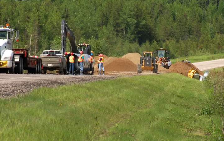 Heavy rains caused sinkhole on Highway 2 by Prince Albert National Park.