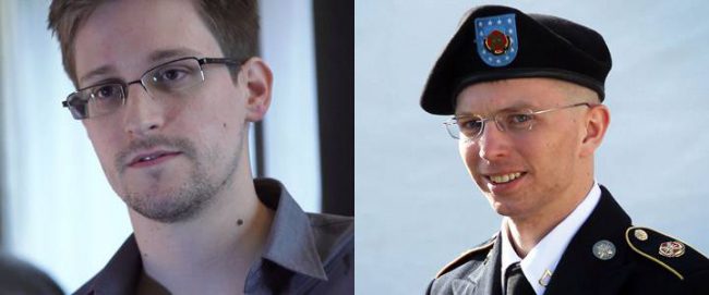 In this handout photo provided by The Guardian, Edward Snowden (left) speaks during an interview in Hong Kong.  In the image on the right, U.S. Army Private Bradley Manning is escorted as he leaves a military court at the end of the first of a three-day motion hearing June 6, 2012 in Fort Meade, Maryland.