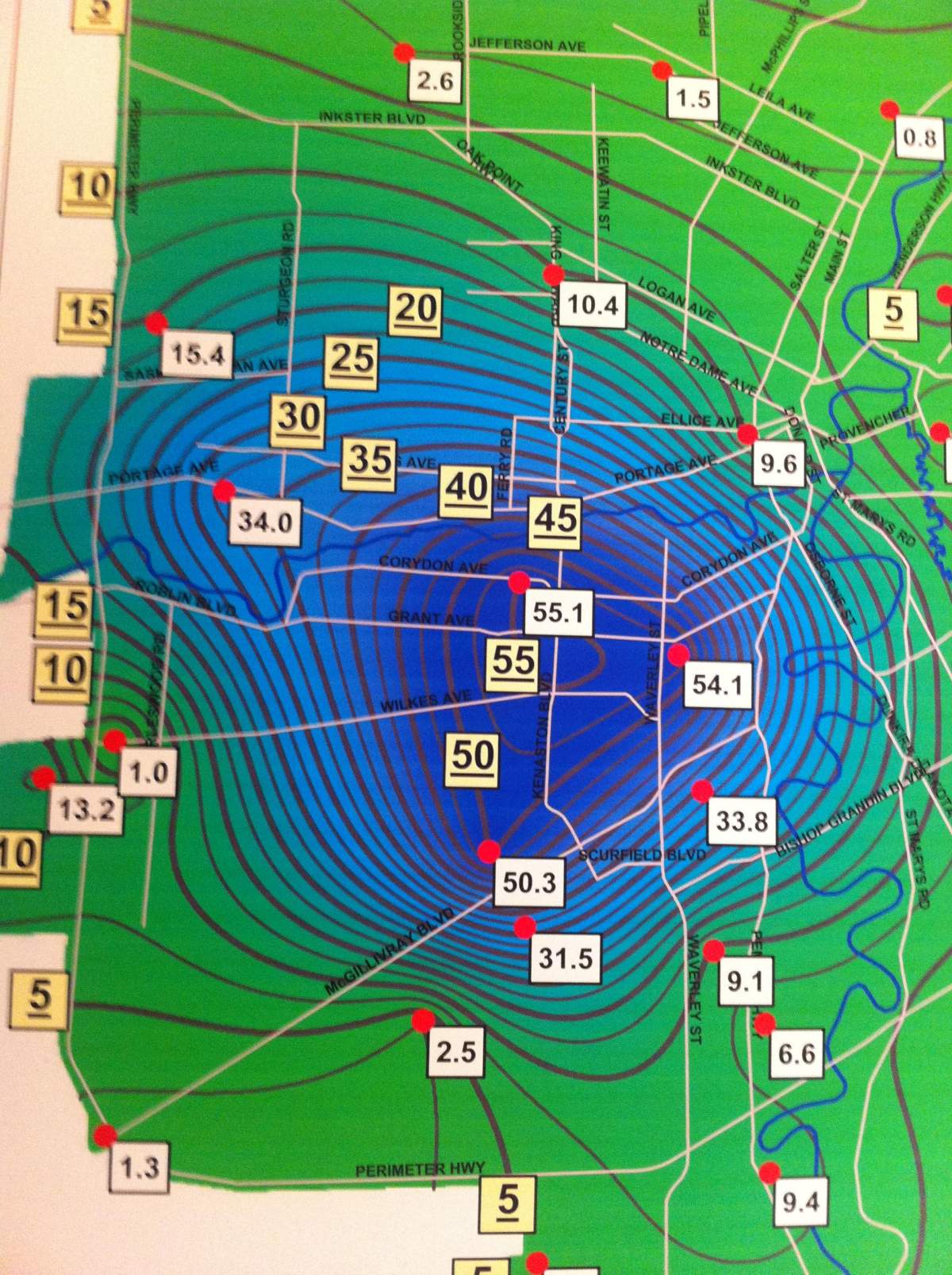 Winnipeg city officials displayed this map Friday showing rainfall amounts from the storm Thursday night.