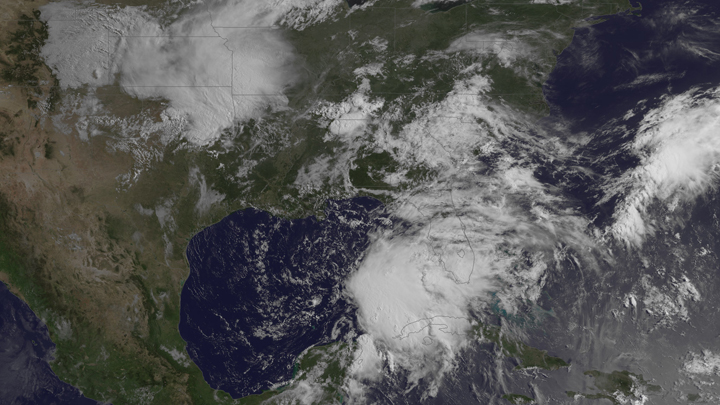 In this handout satellite image provided by National Oceanic and Atmospheric Administration (NOAA), Tropical Storm Andrea, the first named storm of the 2013 Atlantic hurricane season, forms June 5, 2013 in the Gulf of Mexico.