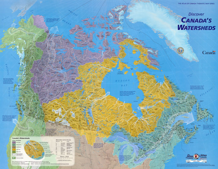 This map shows the 5 ocean watersheds in Canada and the direction of water flow.
