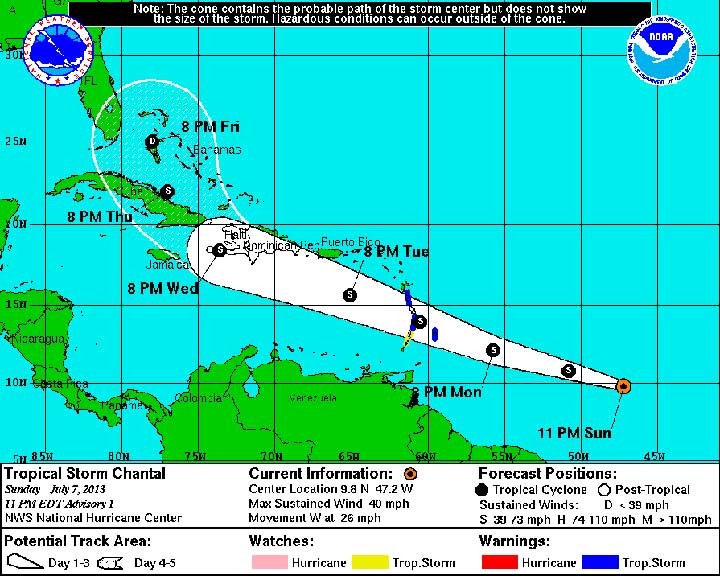 Tropical Storm Chantal formed in the Atlantic Ocean late Sunday night.