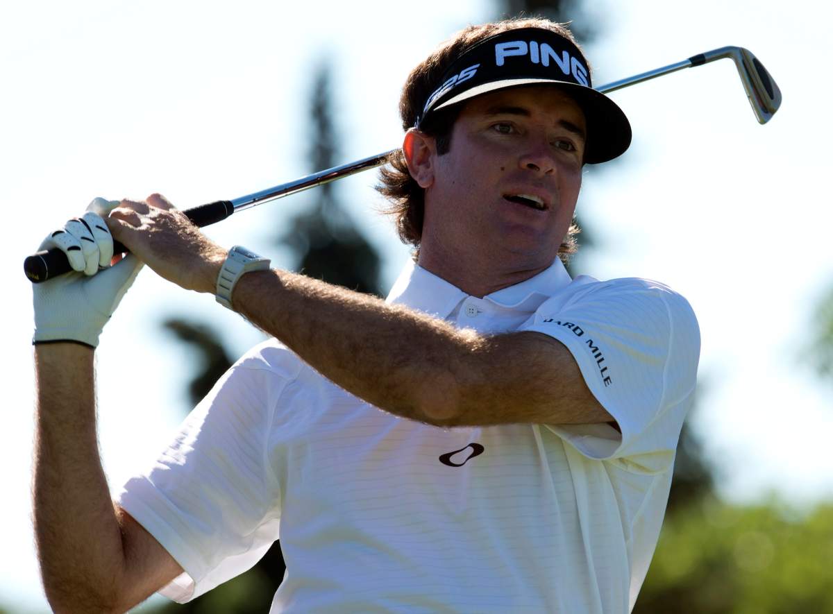 Bubba Watson watches his tee shot on the 17th hole during the first round at the Canadian Open Golf Championship at Glen Abbey in Oakville, Ont., on Thursday, July 25, 2013.