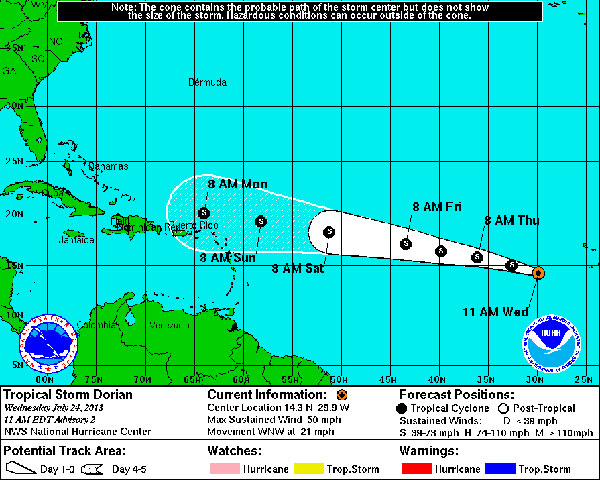 Tropical Storm Dorian's projected path.
