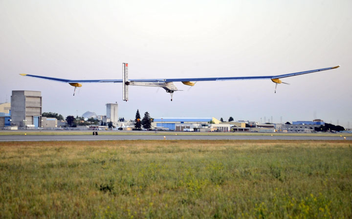 The Solar Impulse as it takes off from Moffett Field, NASA Ames Research Center in Mountain View, California on May 3, 2013.